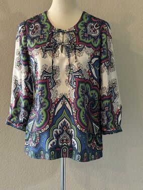 Talbots Womens 4 Multicolor Silk Geometric Tie Neck Blouse 3/4 Sleeve